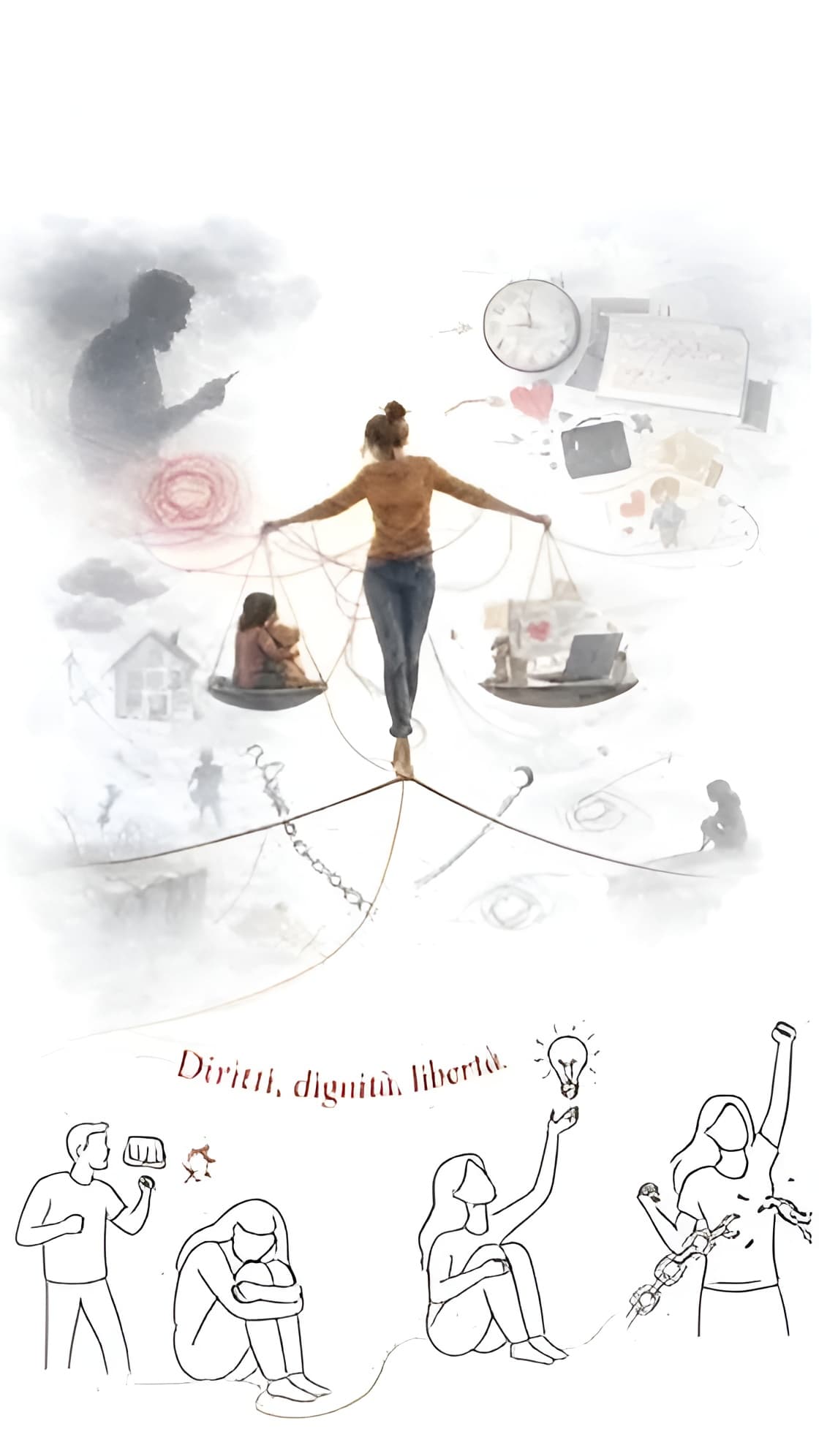 Illustrazione del Centro Antiviolenza A.U.R.O.R.A.: una donna in equilibrio su una fune tra due piatti di una bilancia